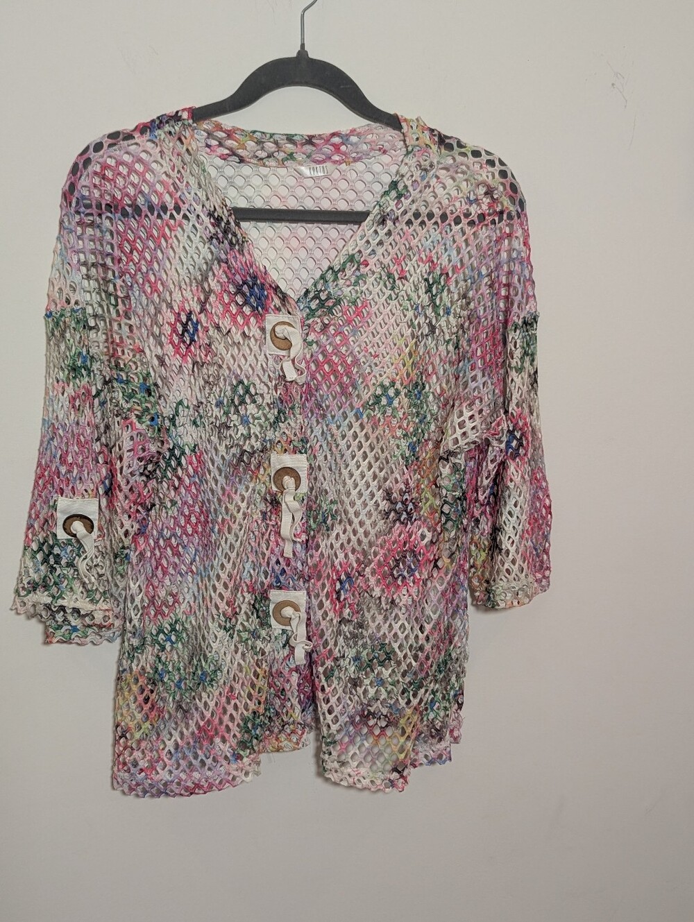Kaktus Multicolor Mesh Cardigan Grommet Tie Boho Artsy 3/4 Sleeve